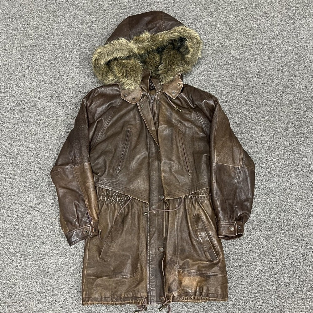 Wilsons Leather Parka Jacket Mens Medium Brown Faux Fur Hood Quilted Lining C4